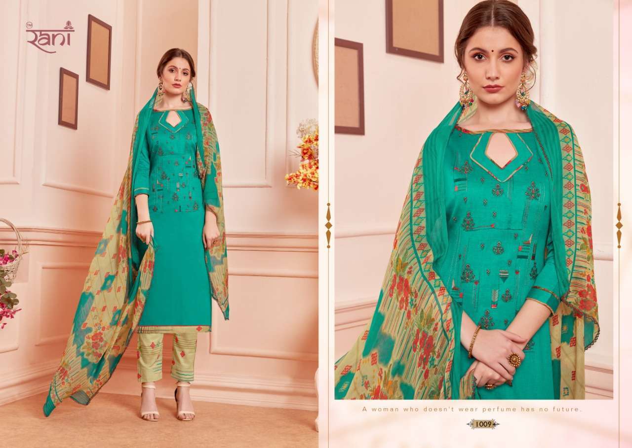 KAIRA BY RANI FASHION 1001 TO 1010 SERIES BEAUTIFUL SUITS STYLISH FANCY COLORFUL PARTY WEAR & OCCASIONAL WEAR COTTON SATIN PRINTED WITH EMBROIDERY DRESSES AT WHOLESALE PRICE